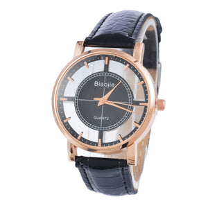 Doreen Box PU Leather Quartz Wrist Watches Hollow Dial Round Rose Gold Black Battery Included 24cm(9 4/8") long, 1 Piece