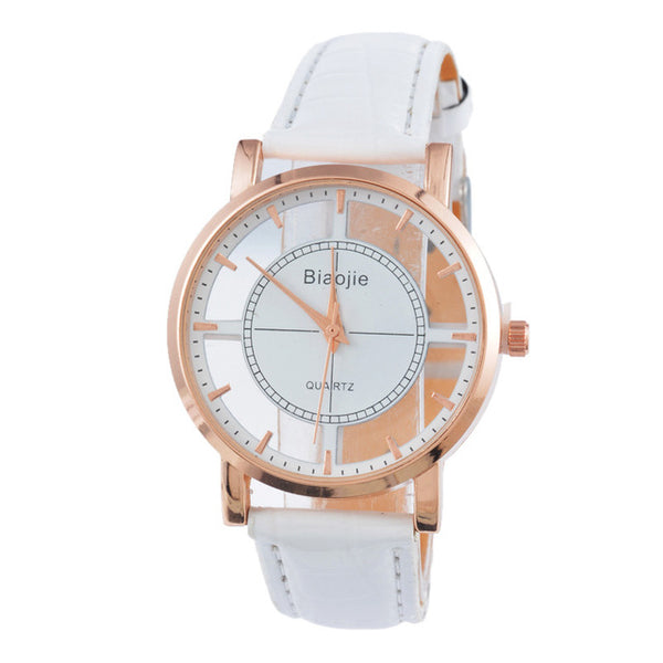 Doreen Box PU Leather Quartz Wrist Watches Hollow Dial Round Rose Gold Black Battery Included 24cm(9 4/8") long, 1 Piece