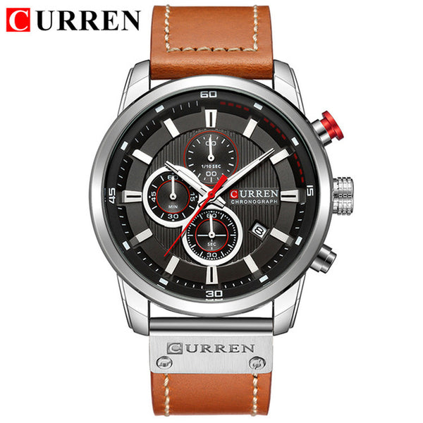 Men Casual Leather Strap Military Watch CURREN Luxury Chronograph Waterproof Quartz Wrist Watch Male Fashion Sport Watch Clock